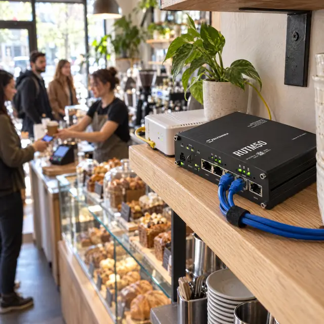 A Teltonika RUTM50 5G router on the shelf behind a busy café counter, cabled beside the fiber modem