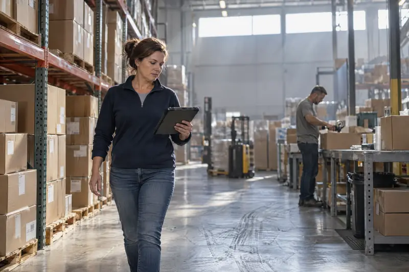 A device distributor's owner walking the warehouse floor with a tablet