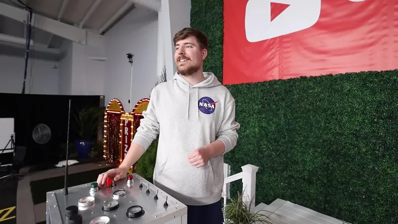 MrBeast at a control panel of buttons on a set in front of a YouTube banner