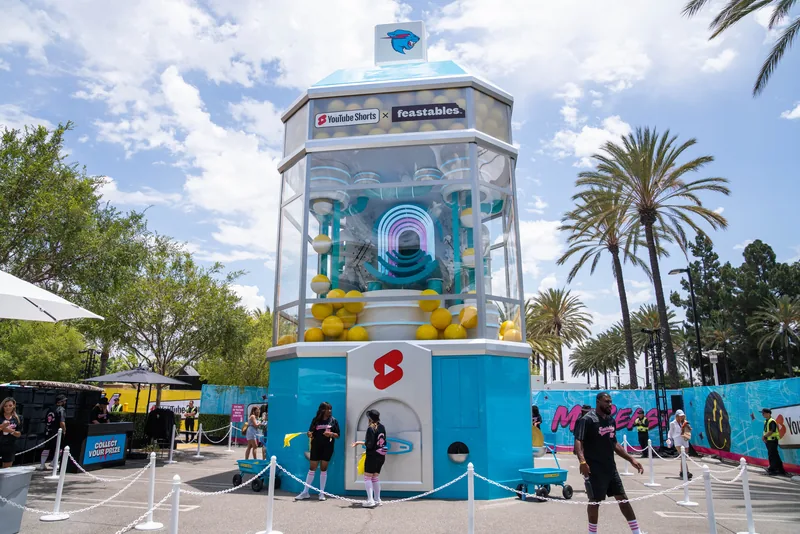 The MrBeast and YouTube Shorts activation outside VidCon 2022 in Anaheim, a giant branded prize machine with crews and visitors around it